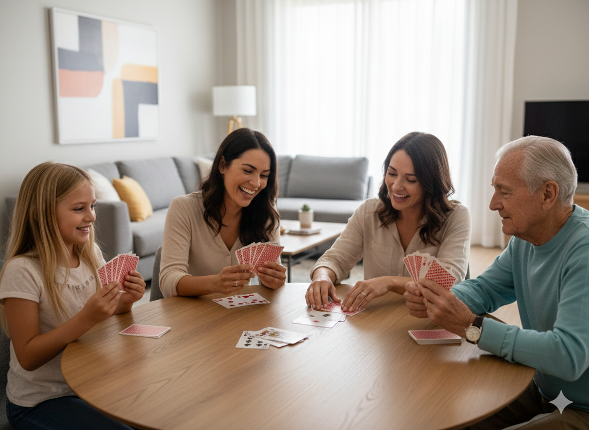 Three generations  playing cards together
